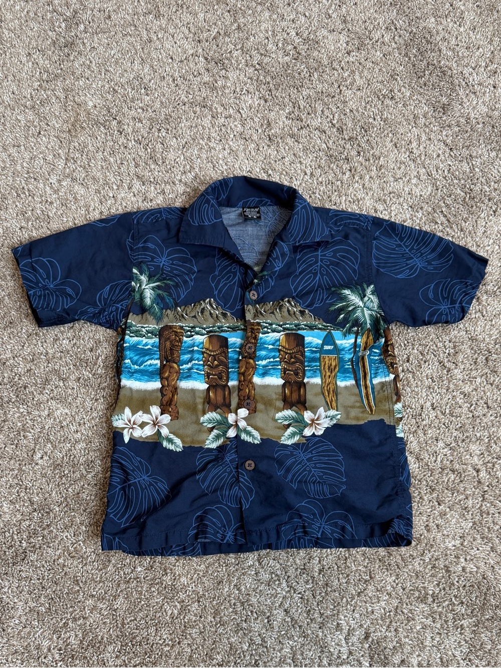Favant Hawaii Boy’s Navy Blue Tan Hawaiian Shirt 5/6 Tiki Surfboard Tropical